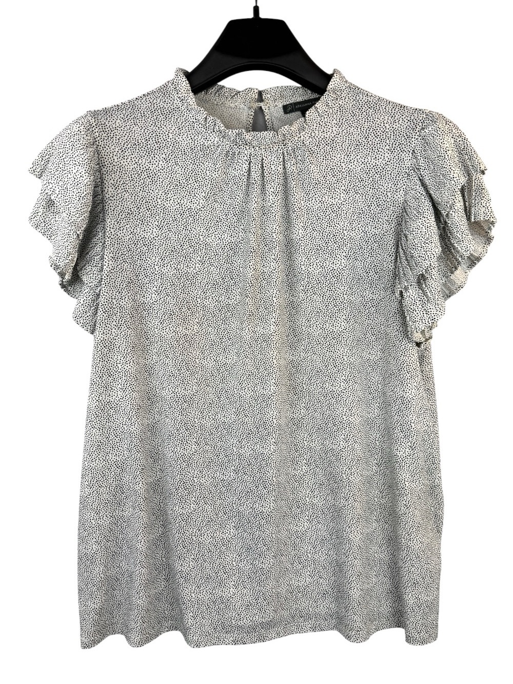 Adrianna Papell Women's Blouse Black White Micro Dot Print Ruffled Short Sleeves
